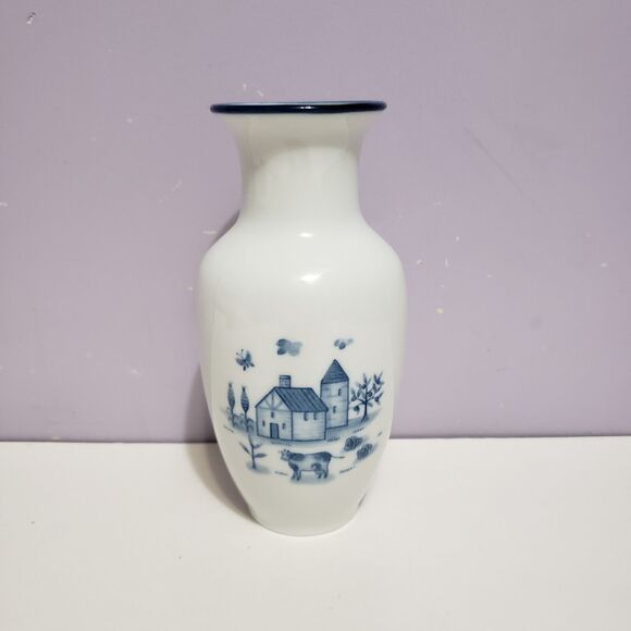 Vase White Blue Chickens  Farmhouse Country Home Decor  6" - Picture 1 of 6